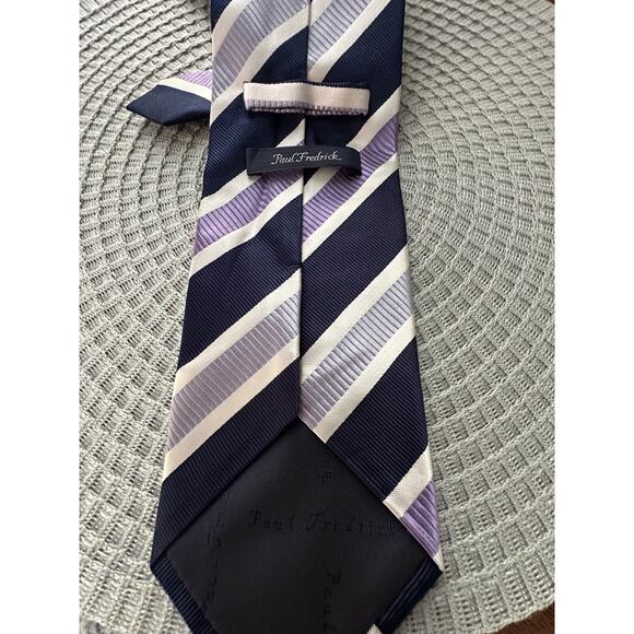 EUC PAUL FREDRICK 100% Silk Handmade Tie Navy Lavender Lilac Purple Striped - Picture 2 of 4